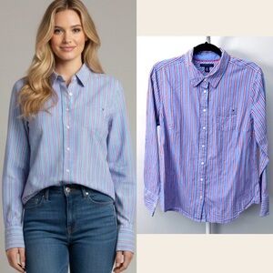 Tommy Hilfiger Stripped Pastel Blue Casual Button Down Shirt Blouse Size large.